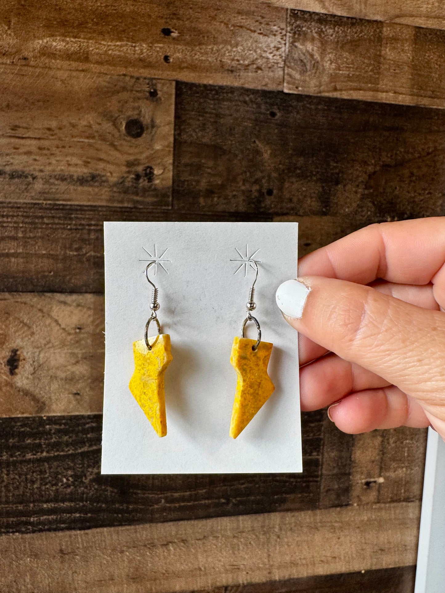 Bumble bee jasper slab- lightning bolt earrings dangle