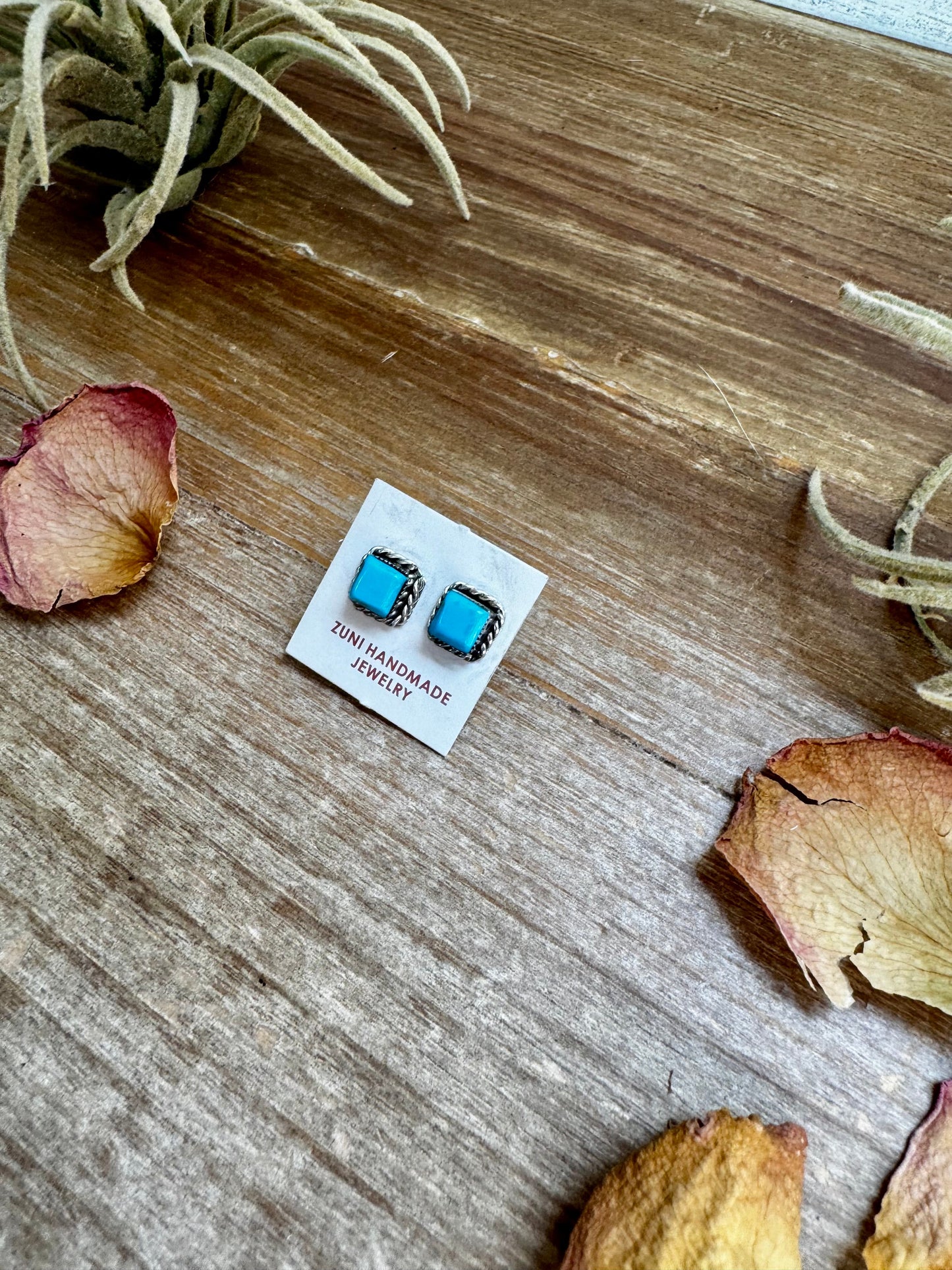 Kingman Turquoise Stud Earrings – Zuni Handmade, Sterling Silver