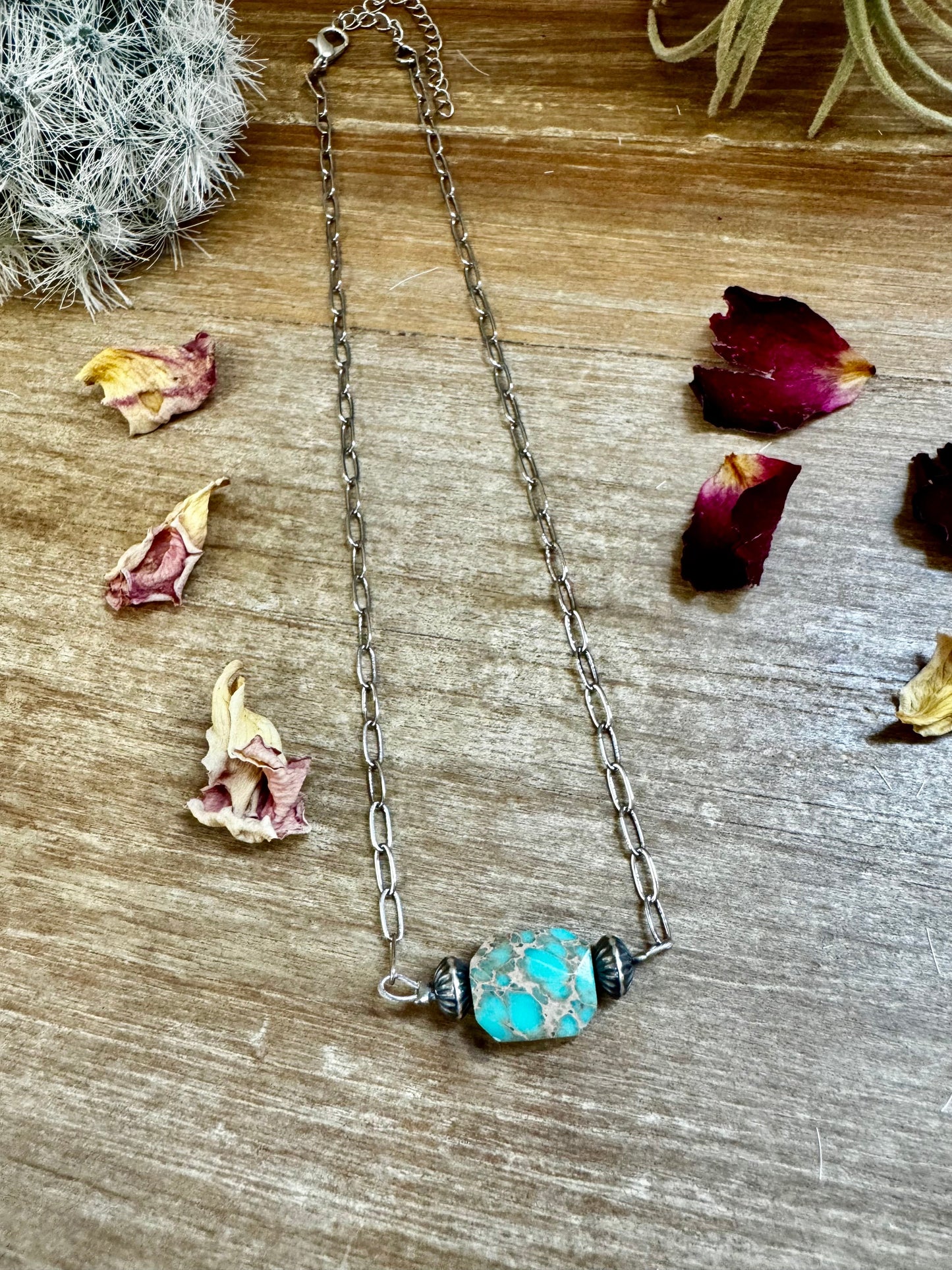 14 inch long necklace with saucer Sterling Silver Pearls and turquoise Verasite