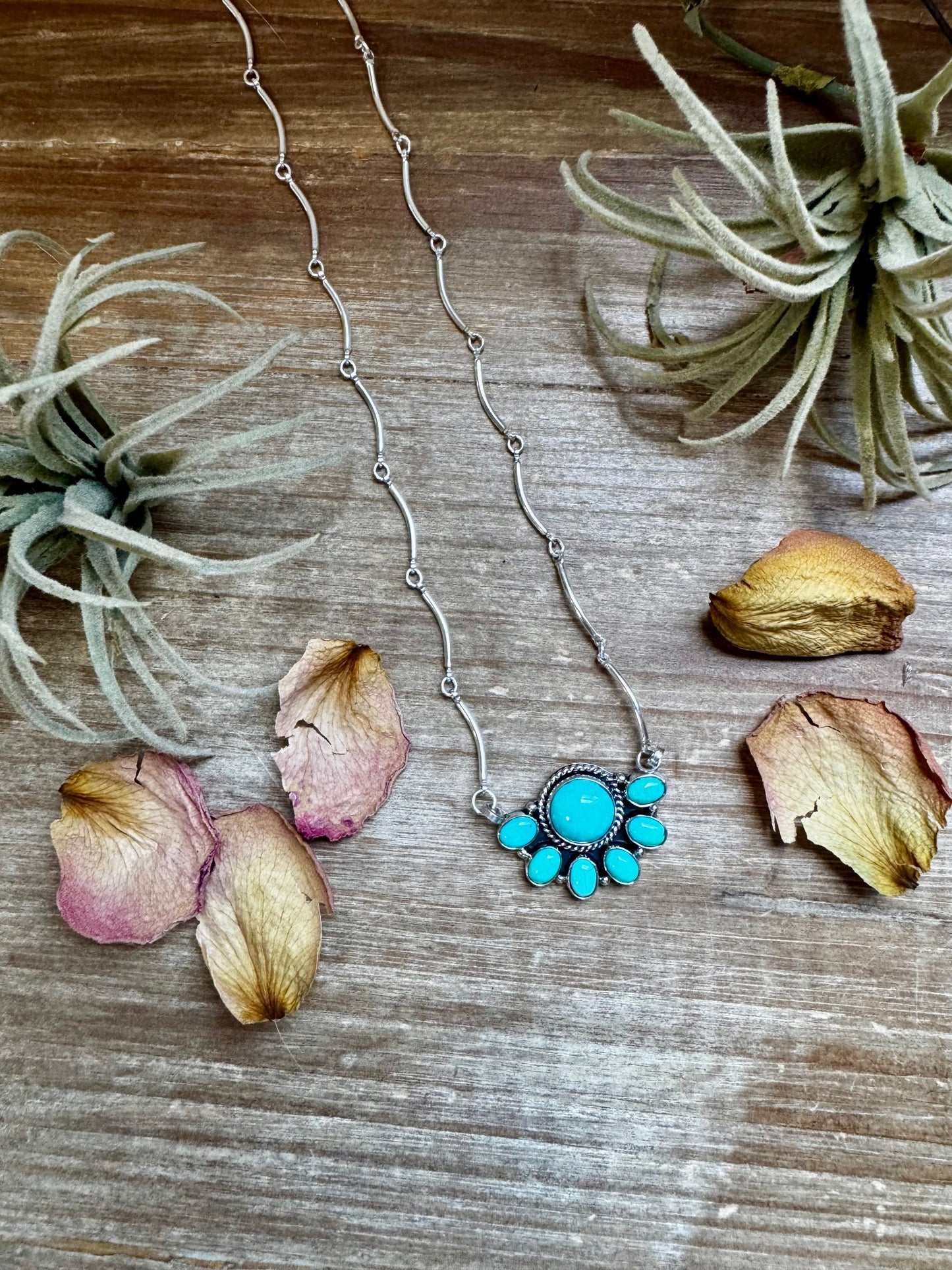 Smaller Cluster Necklace – Kingman Turquoise on Liquid Silver Chain, 18 Inch – USA Made