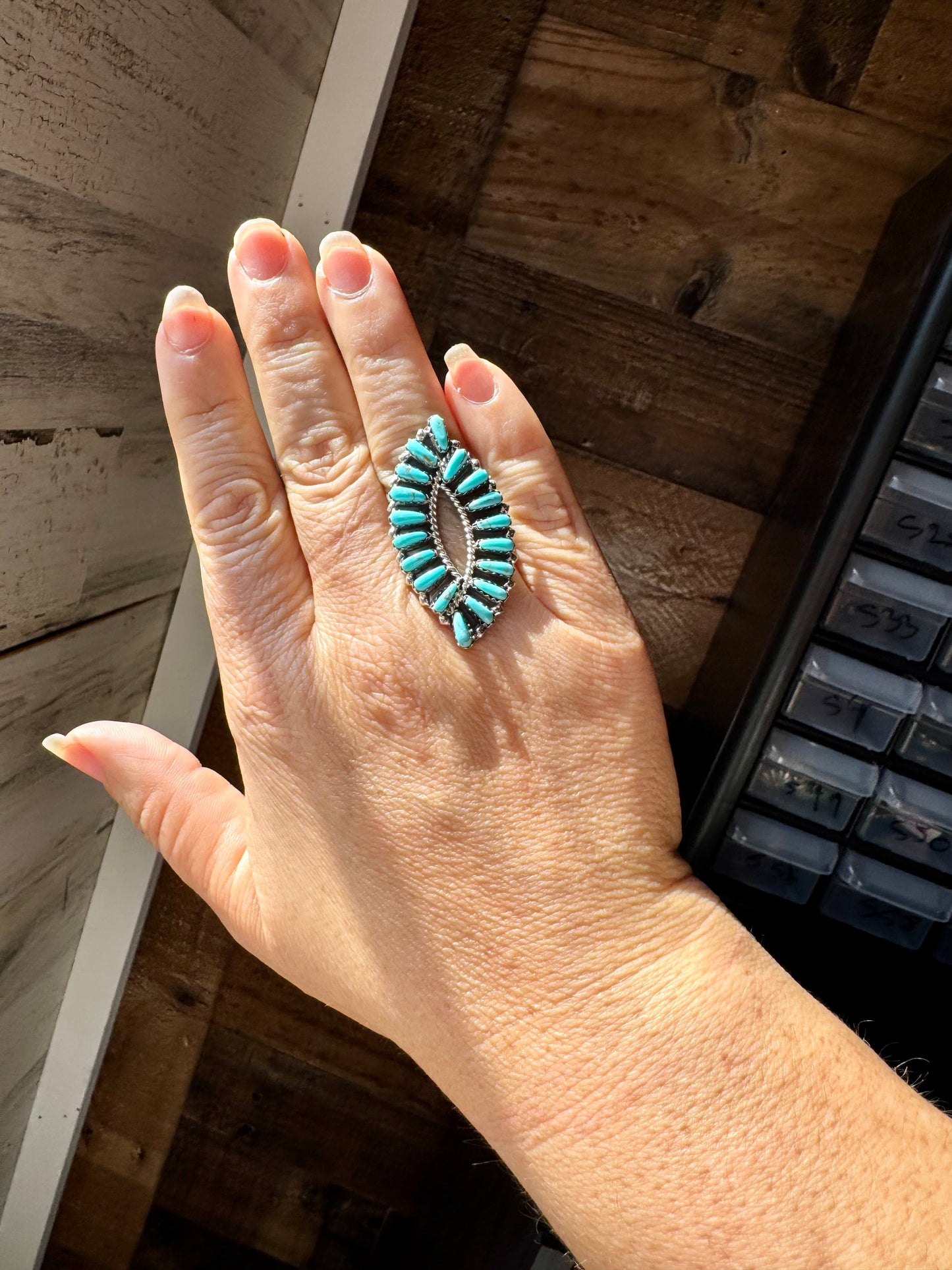 Turquoise Ring – Kingman Turquoise – Sterling Silver – Size 8 – TB Stamp by Tamara Benally, Navajo Artist