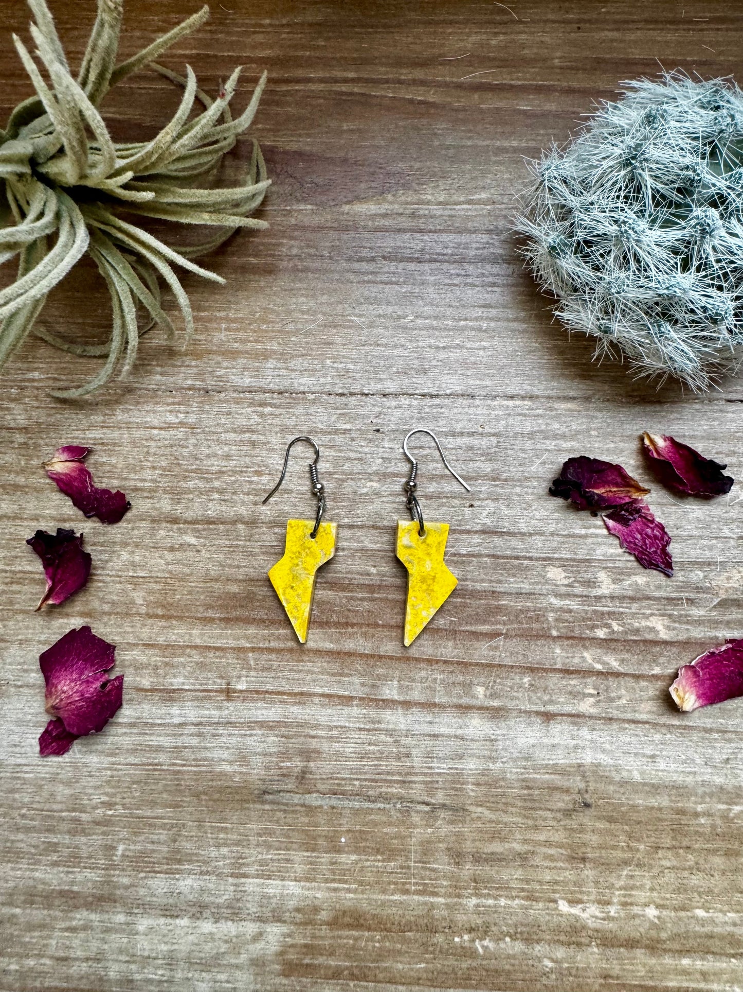 Bumble bee jasper slab- lightning bolt earrings dangle