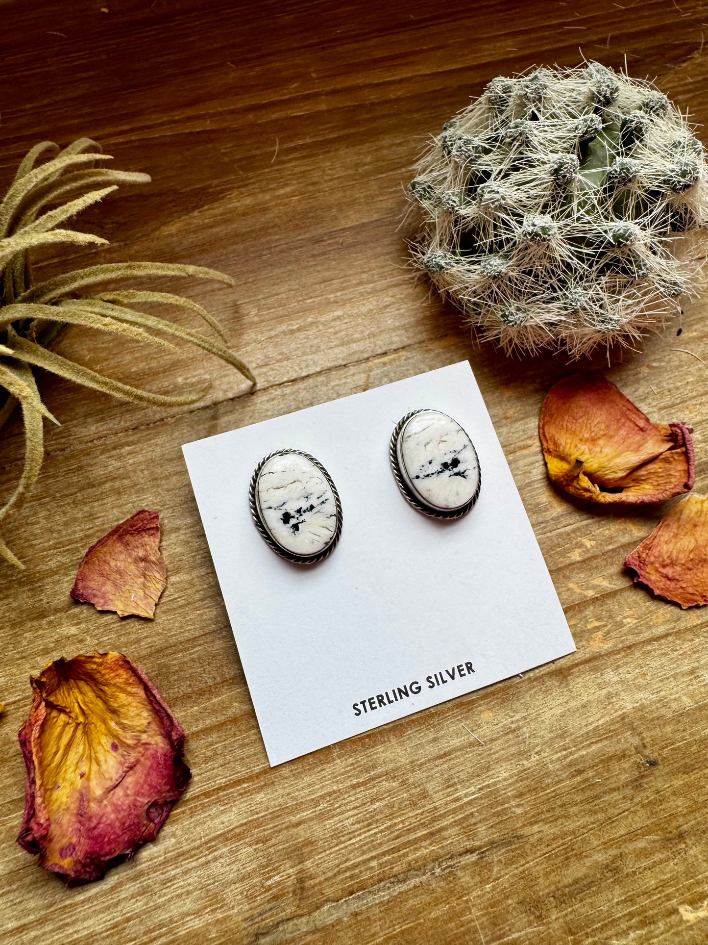 Oval Stud Earrings - White Buffalo & Sterling Silver