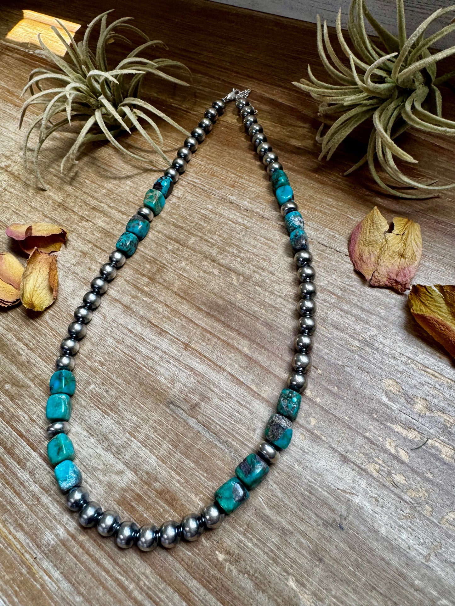 Blue Turquoise & Sterling Silver Necklace – 8 mm Pearls – 20 ½ Inch