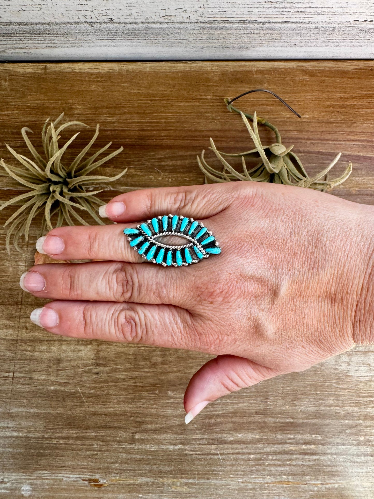 Turquoise Ring – Kingman Turquoise – Sterling Silver – Size 8 – TB Stamp by Tamara Benally, Navajo Artist