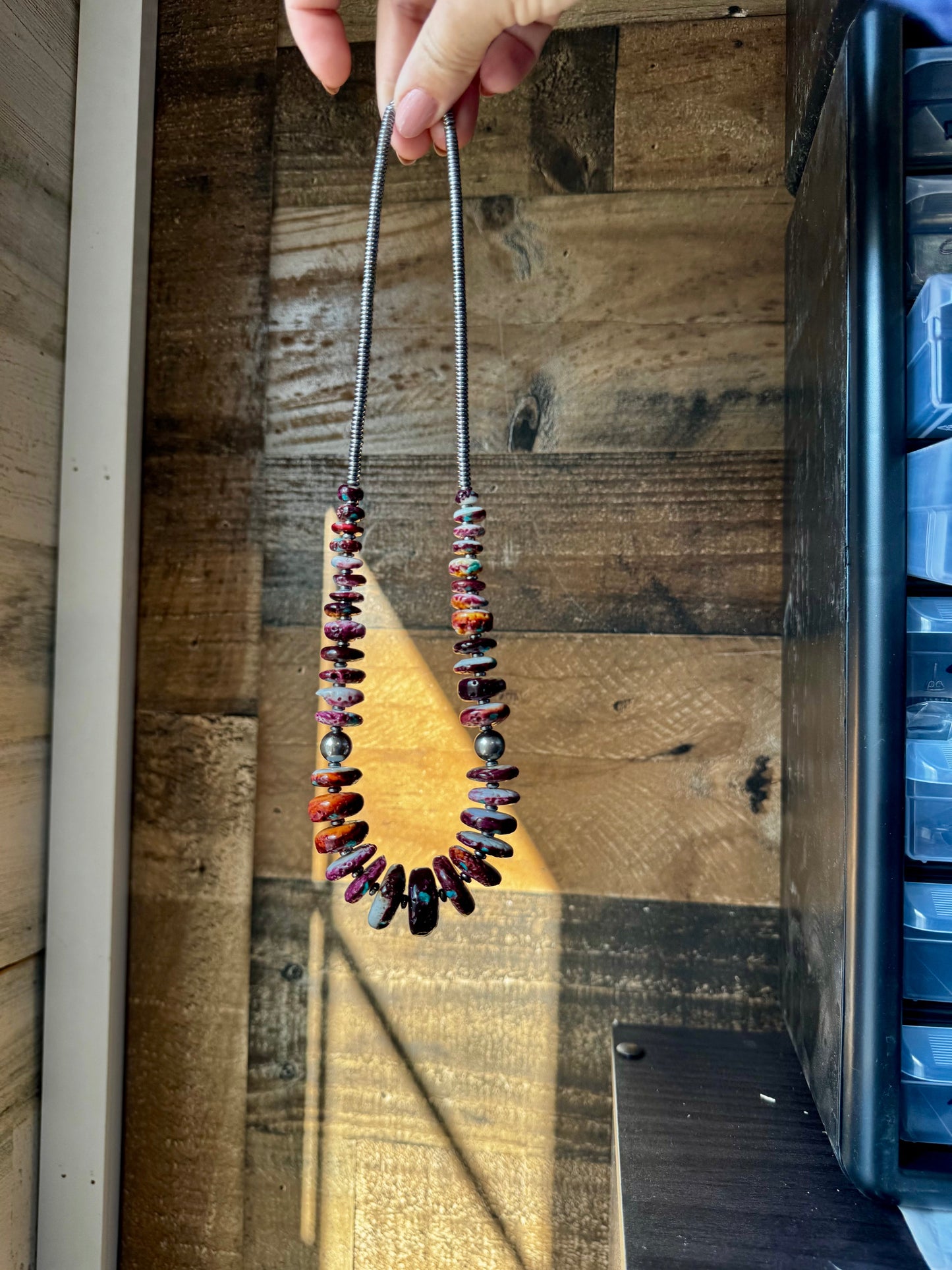 22 Inch graduated necklace more purple spiny, turquoise and sterling silver pearls