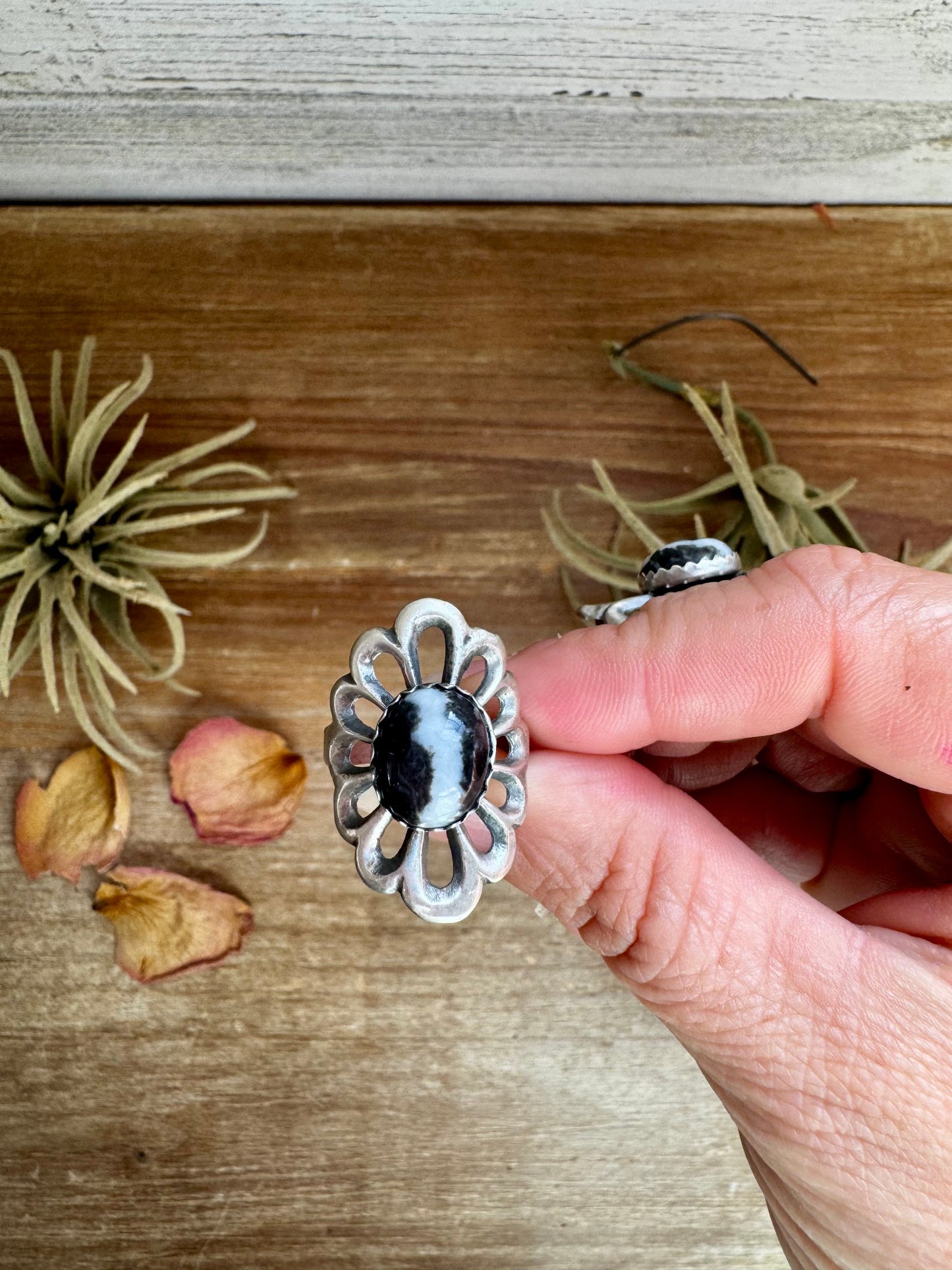 White Buffalo Flower Ring – Native Made Sterling Silver (Sizes 6.5 & 7.5)