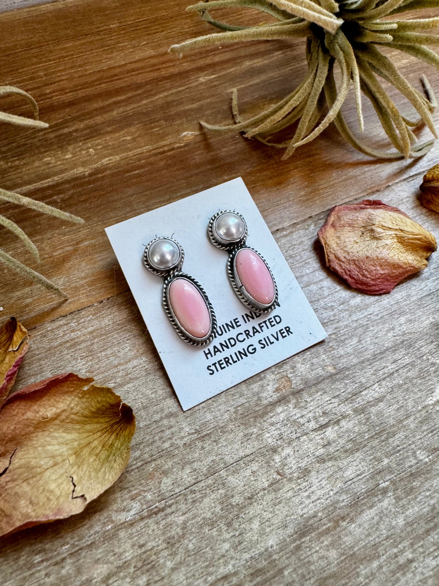 Mother of Pearl & Pink Conch Stud Earrings – Sterling Silver, Post Top, 1.5 Inch, Stamped Marcella James