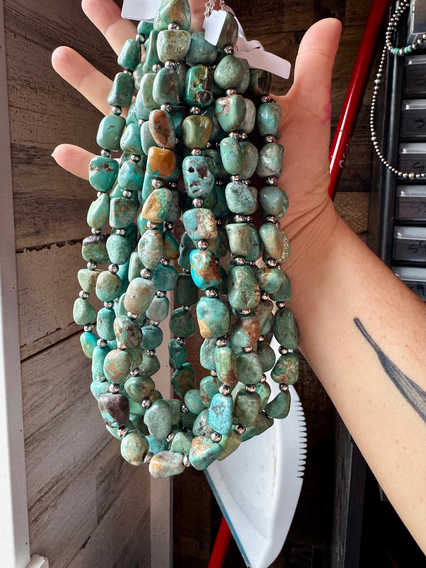 18-Inch Turquoise Nugget Necklace with 4mm Sterling Silver Pearls