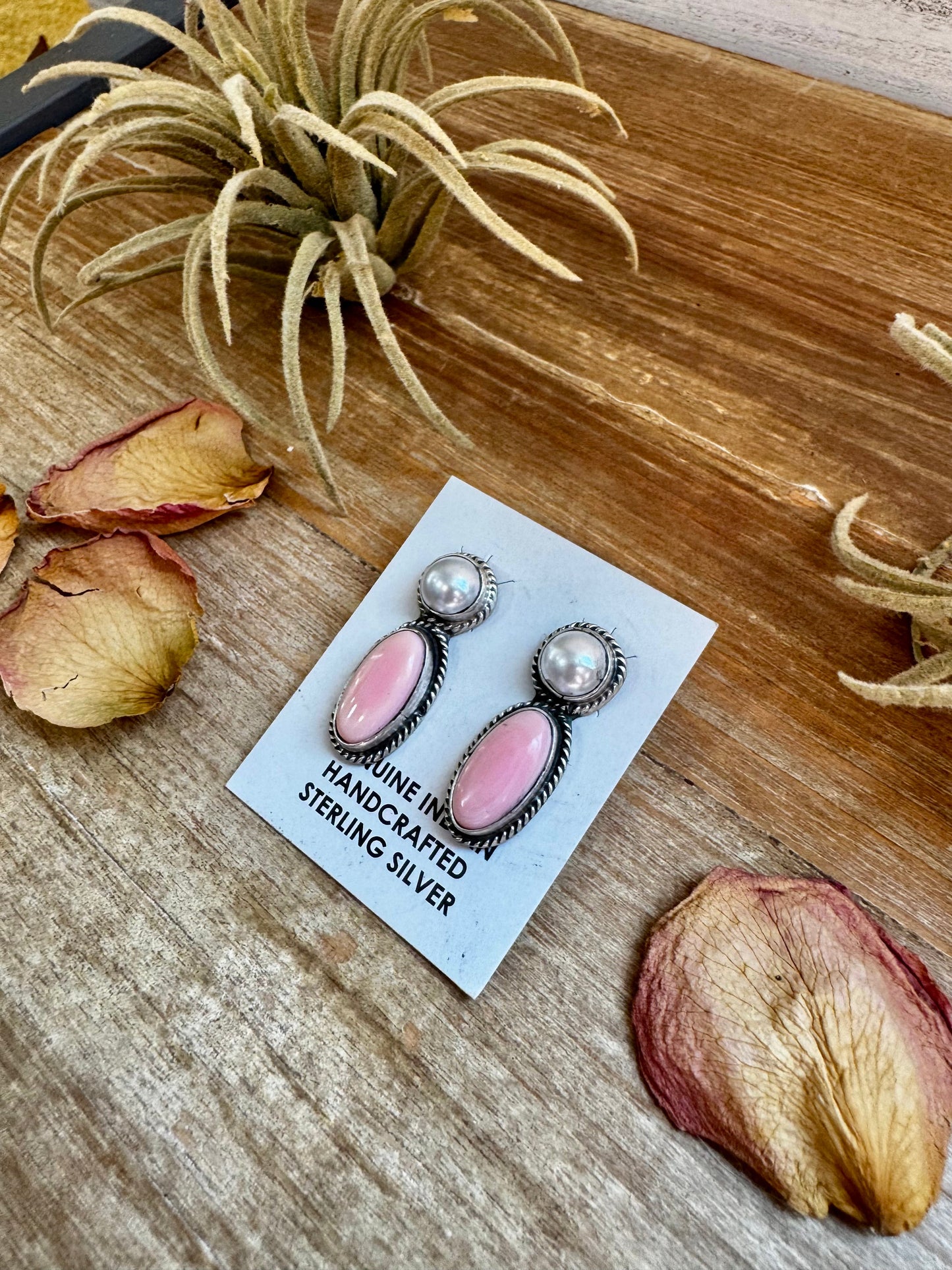 Mother of Pearl & Pink Conch Stud Earrings – Sterling Silver, Post Top, 1.5 Inch, Stamped Marcella James