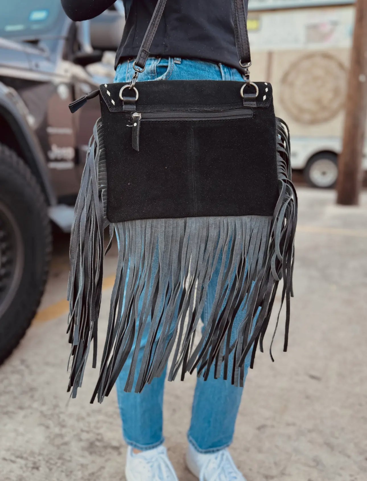 Black Suede Leather Bootstitch Fringe Crossbody