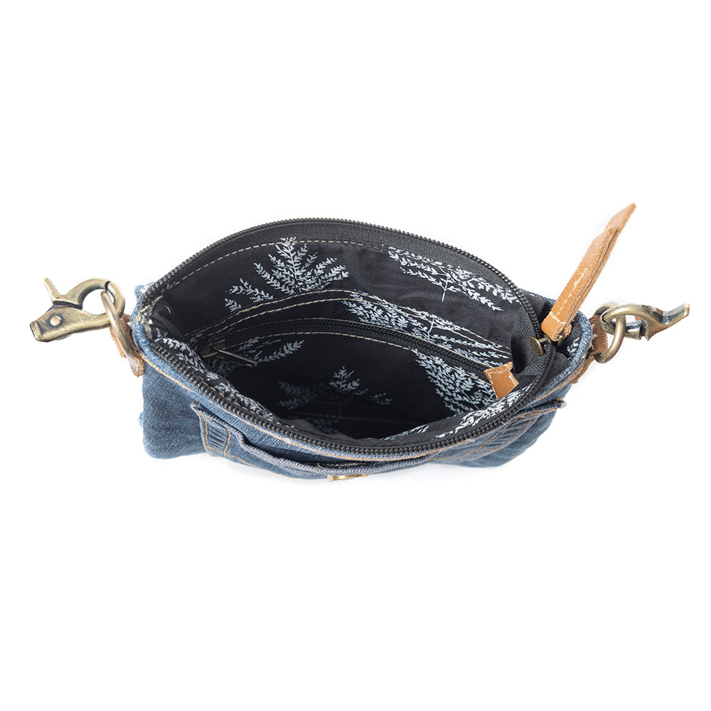 Myra Studded Dahlia Denim Crossbody Bag for Women – Upcycled Jeans with Leather Strap & Front Pocket Flap