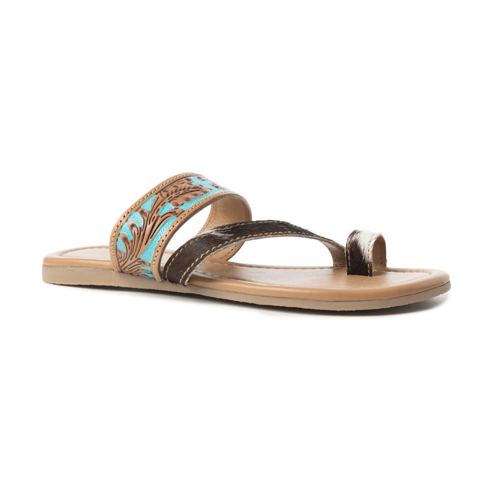 Myra LaDonna Trail Handtooled Sandals for Women – Azure Western Hairon Slip-Ons for Ranch Days & Rodeo Nights