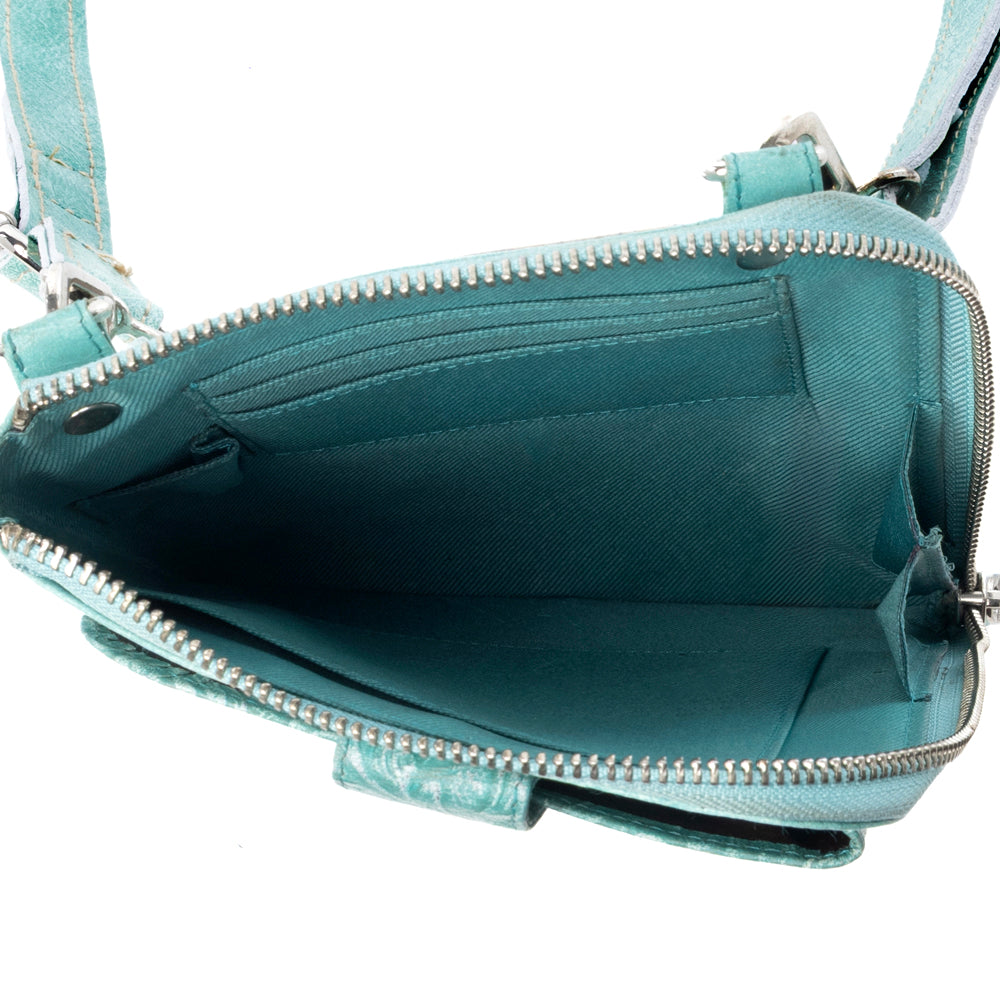 Myra Coyote Bloom Embossed mini sling for Women in aqua with floral detail