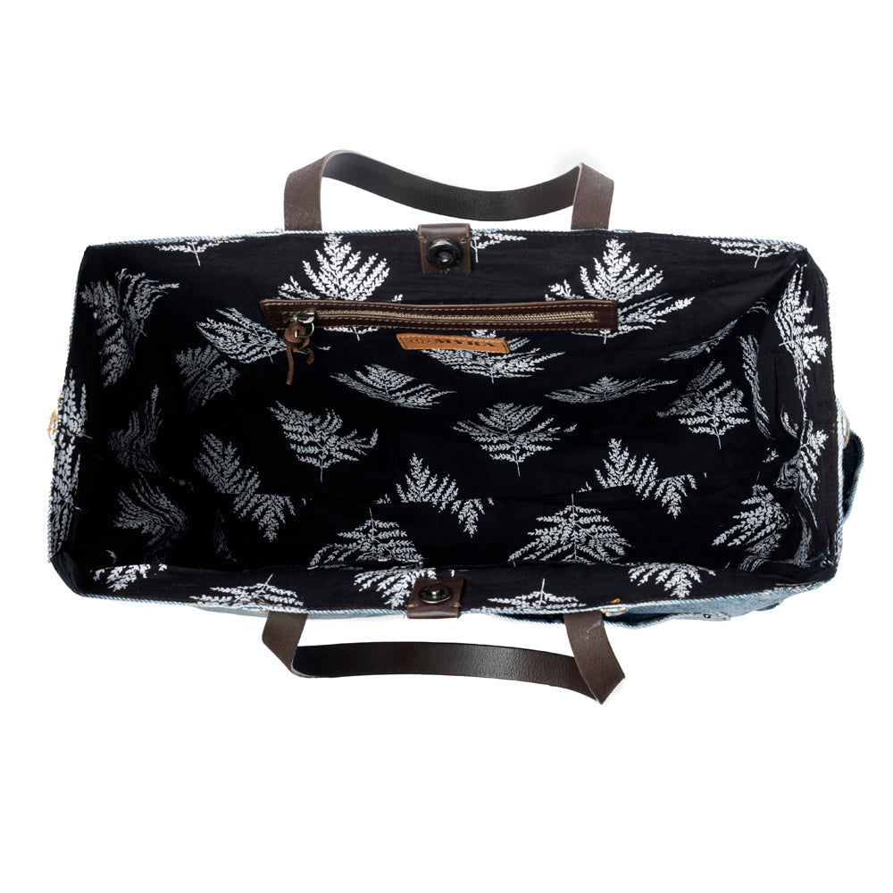 Myra Billyjean Western denim Tote Bag for Women in denim blue with leather detail