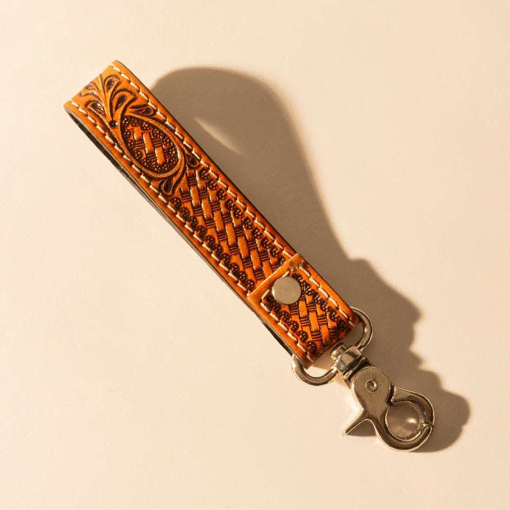 Myra Hide Inlay Western Key Fob in brown with basketweave detail