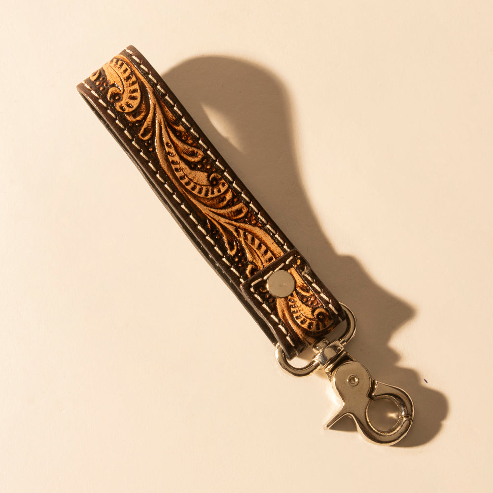 Myra Hide Inlay Western Key Fob in dark brown with hairon detail