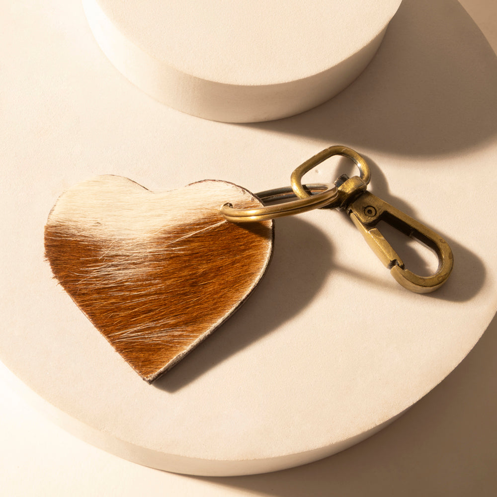Myra Studded Heart Western Key Fob in brown with handtooled detail