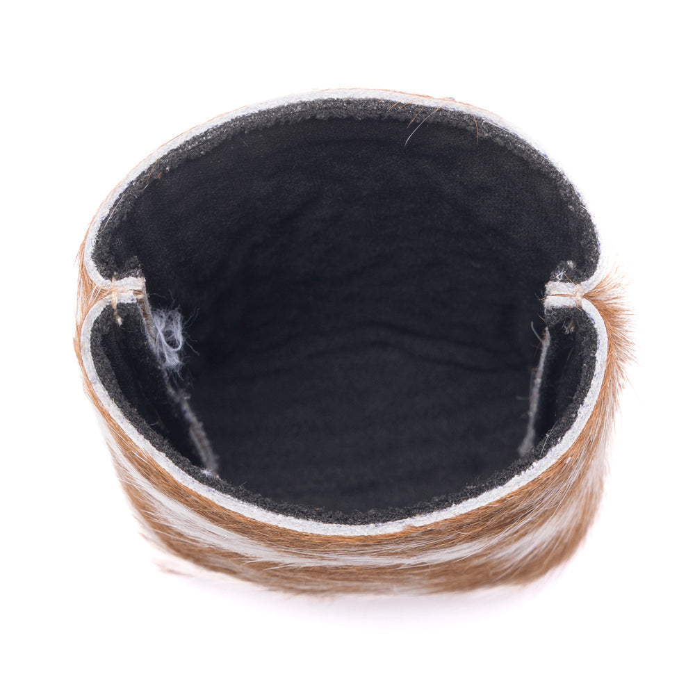 Myra Birch Valley Hairon Leather Beer Can Holder in Toffee Cream