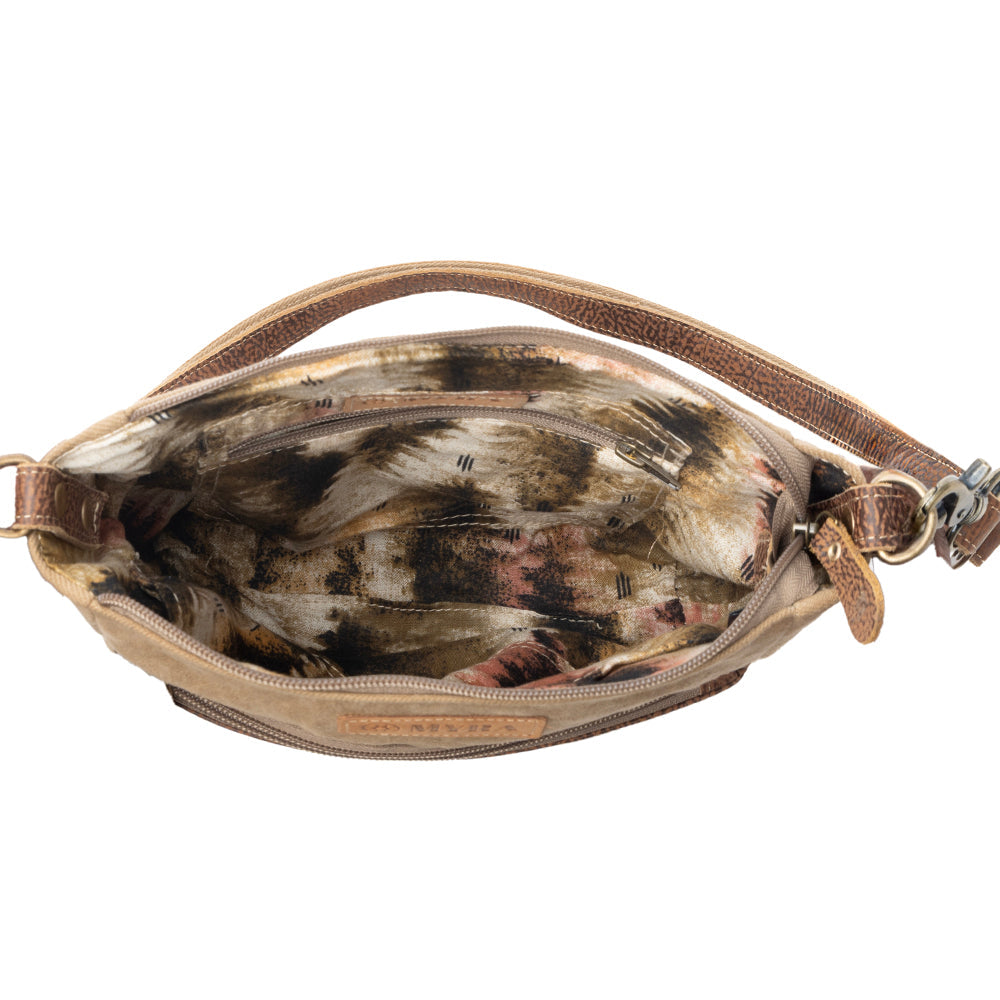 Myra Crestbloom Vintage Crossbody Bag for Women in olive with print detail