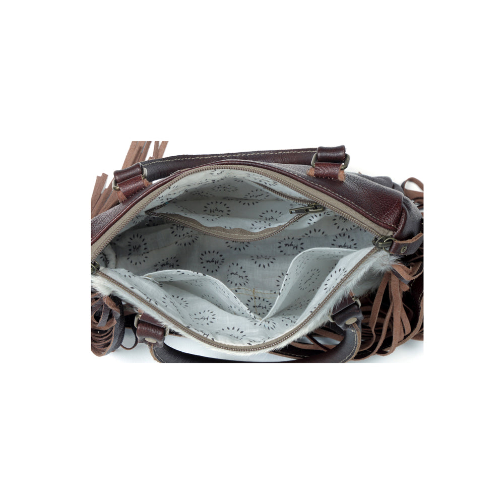 Myra Brown Freckles Concealed Carry Bag – Hairon Leather with Fringe Detail and Tooled Trim, Dual Carry Western Tote