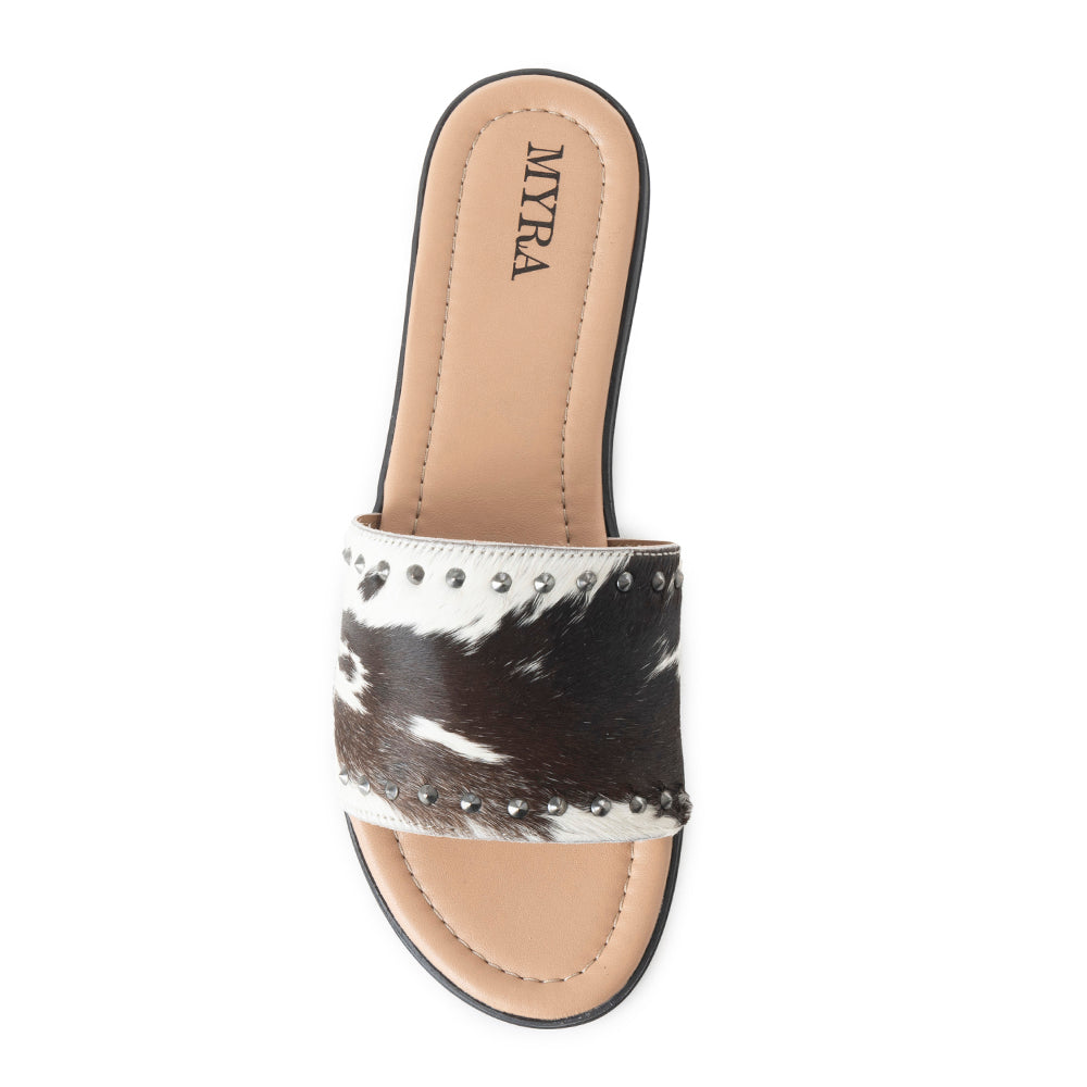 Myra Wild Dust Hairon Leather Slide Sandals – Studded Flats for Women, Slip-On Comfort with Western Charm