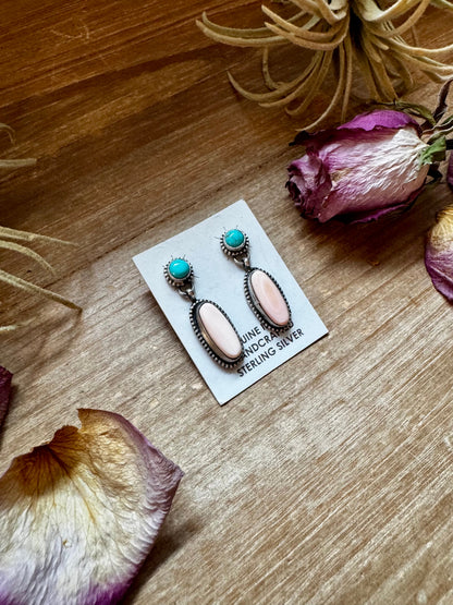 Kingman Turquoise & Pink Conch Dangle Earrings – Sterling Silver – Native Made by Marcella James