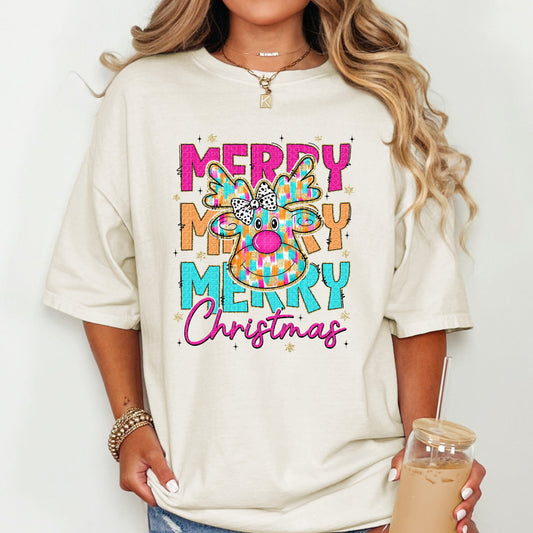 Merry Stacked Brushtroke Reindeer | Comfort Colors Tee or Gildan Crewneck Sweatshirt