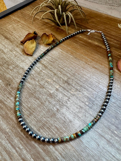 Sterling Silver Pearl & Green Heishi Turquoise Necklace – 19"