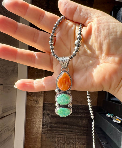 Orange Spiny & Turquoise Pendant – Sterling Silver, Boyd Ashley Navajo