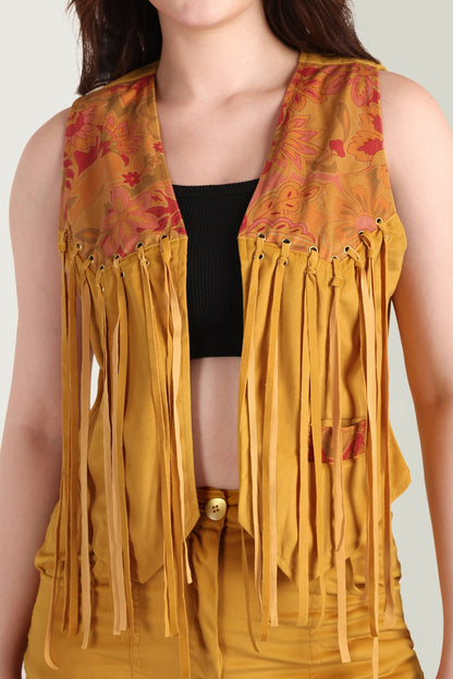 The Jolene Fringe Two Piece Set in Saddle Gold