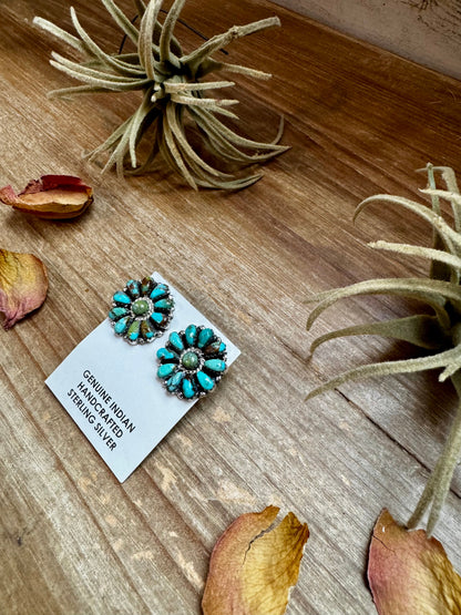 Cluster Earrings – Genuine Turquoise & Sterling Silver