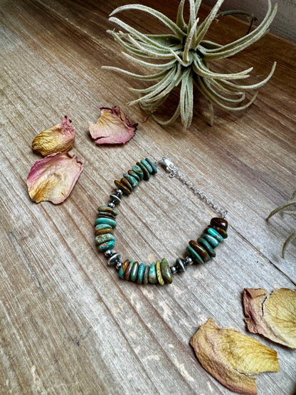Green Turquoise Chip Bracelet with Sterling Silver Saucers & Chain