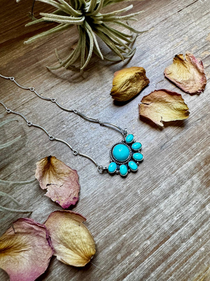 Smaller Cluster Necklace – Kingman Turquoise on Liquid Silver Chain, 18 Inch – USA Made