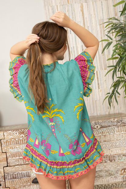 Coconut Island Ruffled Top  In Turquoise