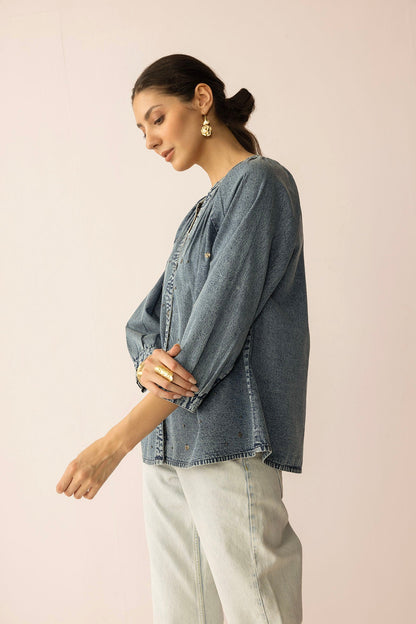 Stitched in Stardust Top in Washed Blue