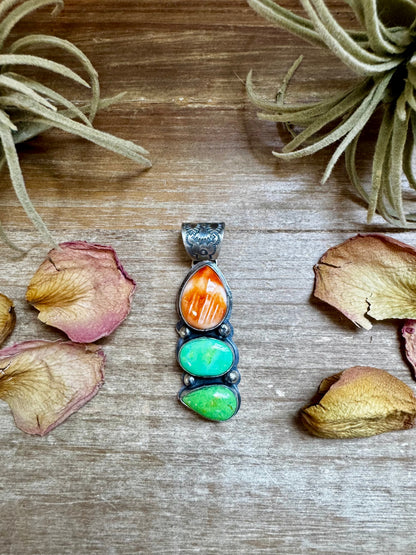 3-Stone Pendant – Orange Spiny & Green Turquoise by Boyd Ashley