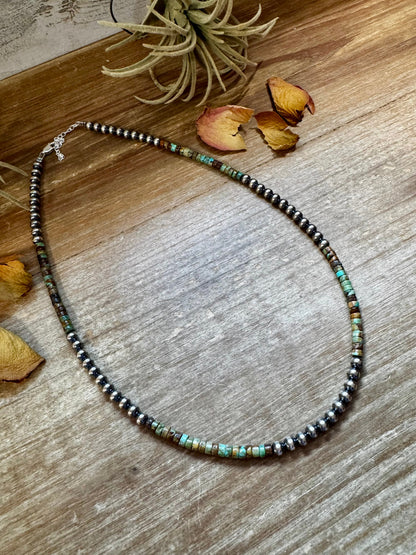 Sterling Silver Pearl & Green Heishi Turquoise Necklace – 19"