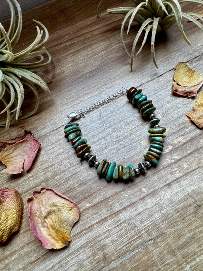Green Turquoise Chip Bracelet with Sterling Silver Saucers & Chain