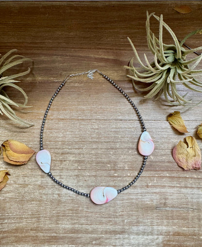 Sterling Silver Choker – 4 Flat Pink Conch Teardrops – 14.5" Approx.