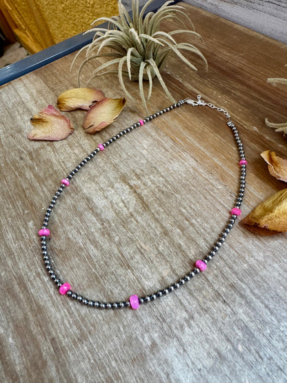 Pink Opal & Sterling Silver Pearl Necklace – 15"