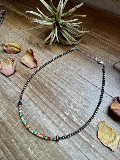 Sterling Silver Pearl Choker with Extra Spiny Oyster & Turquoise Heishi