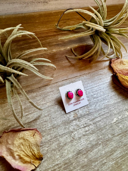 Mini Oval Pink Opal Stud Earrings – Zuni Handmade, Sterling Silver