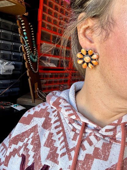 Orange Spiny Oyster Cluster Earrings – One-of-a-Kind Statement Pair in Sterling Silver