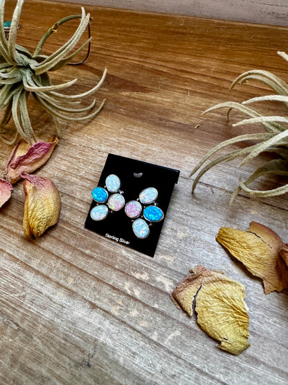 Triple Opal Half-Cluster Stud Earrings – Pink, Blue & White Opal in Sterling Silver