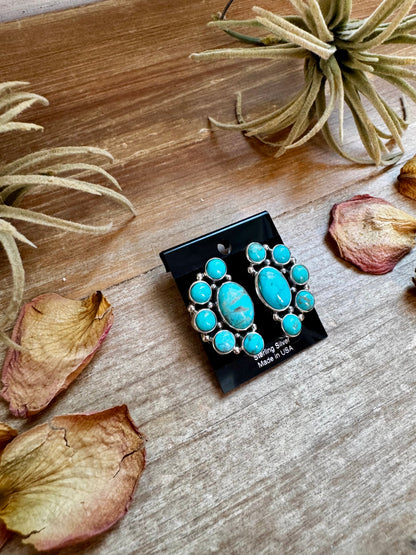Kingman Turquoise Half Cluster Earrings – Sterling Silver, Zia Stamp, USA Made