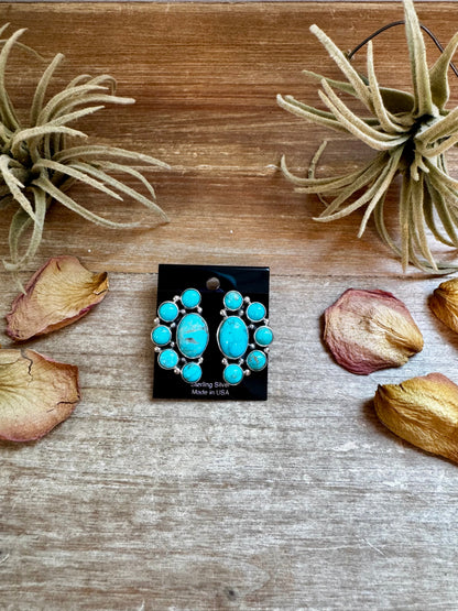 Kingman Turquoise Half Cluster Earrings – Sterling Silver, Zia Stamp, USA Made