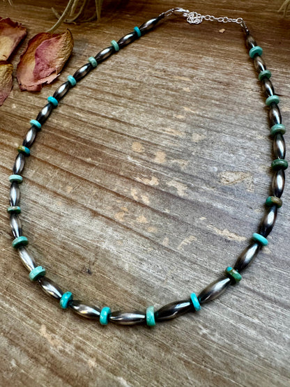 14-Inch Sterling Silver Torpedo & Blue/Green Mexican Turquoise Choker