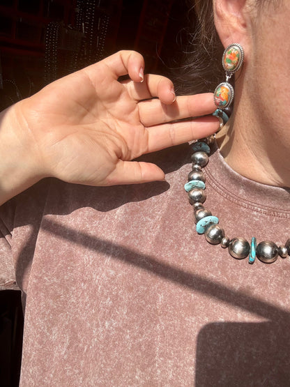 Mojave Spiny Oyster & Turquoise Dangle Earrings – Sterling Silver, USA Made, Post Top