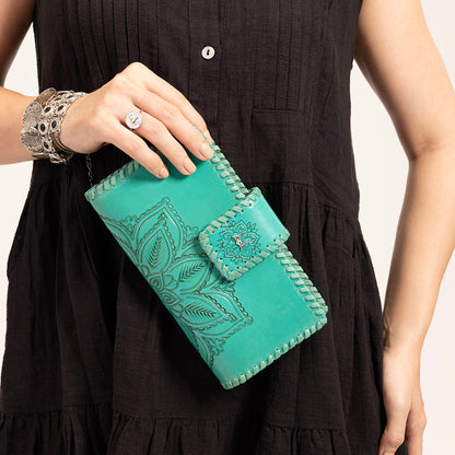 Loyal West Desert Lotus Wallet  - Turquoise  Handtooled Leather & Calfskin